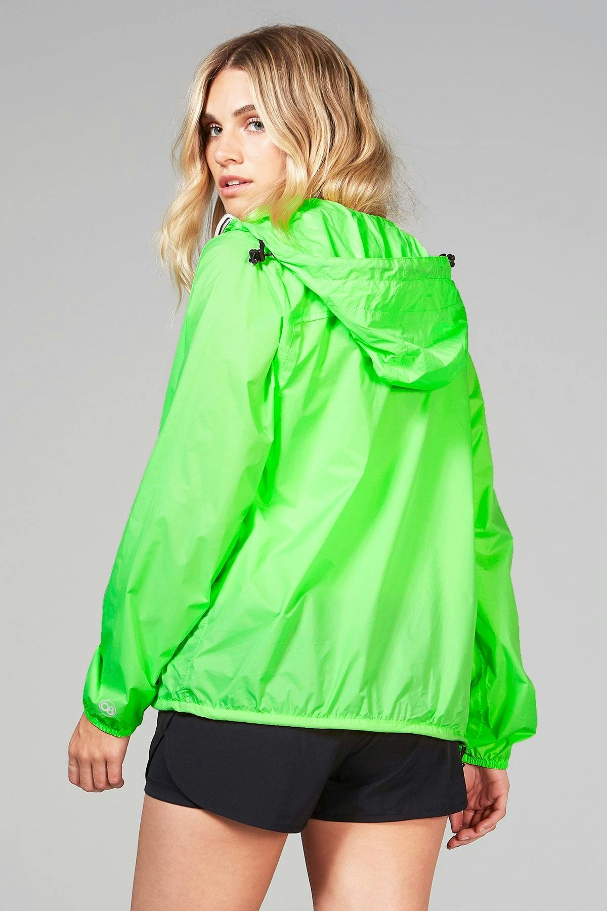 Green fluo full zip packable rain jacket and windbreaker