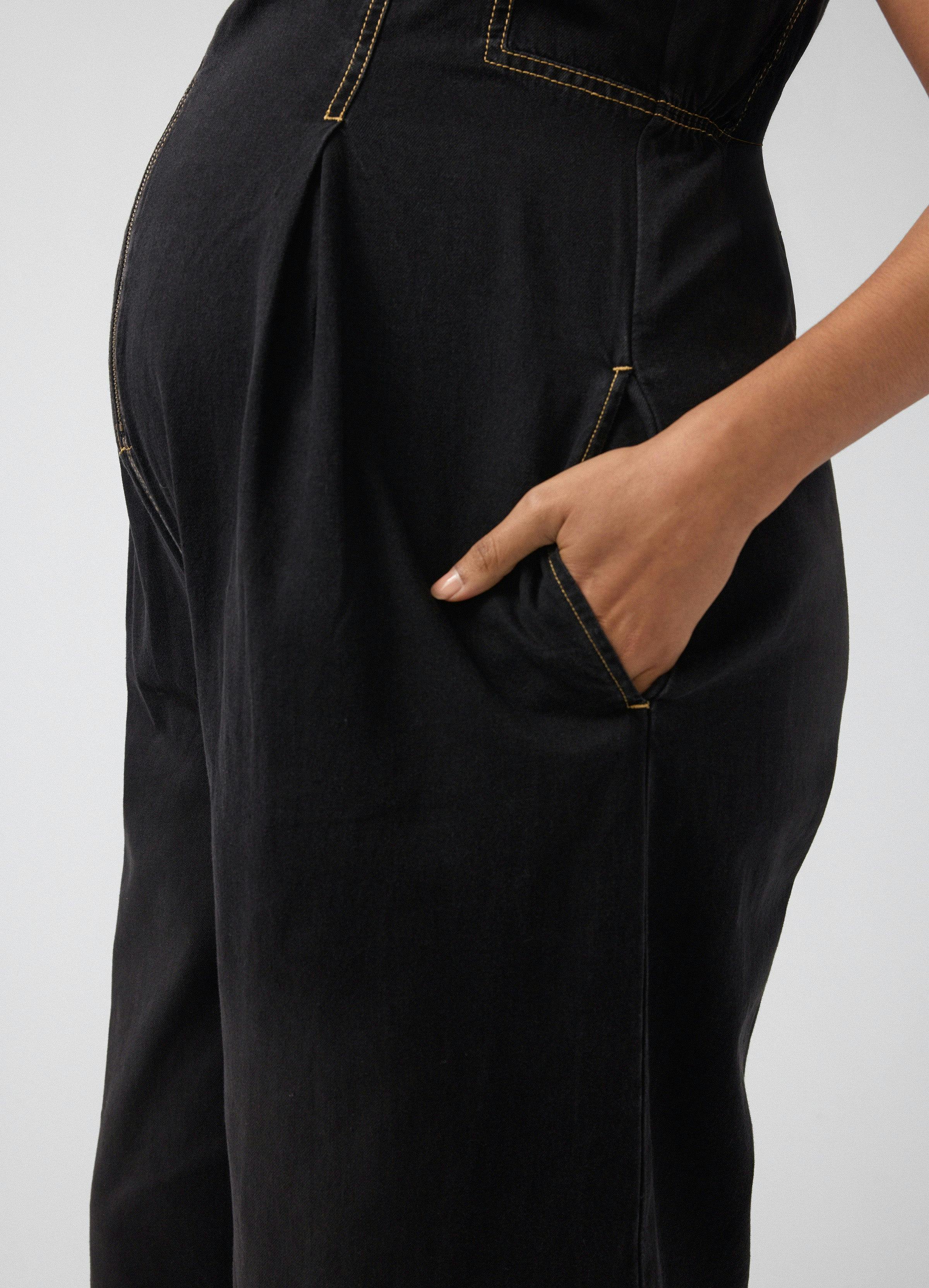 Zip Front Drapey Denim Maternity Jumpsuit
