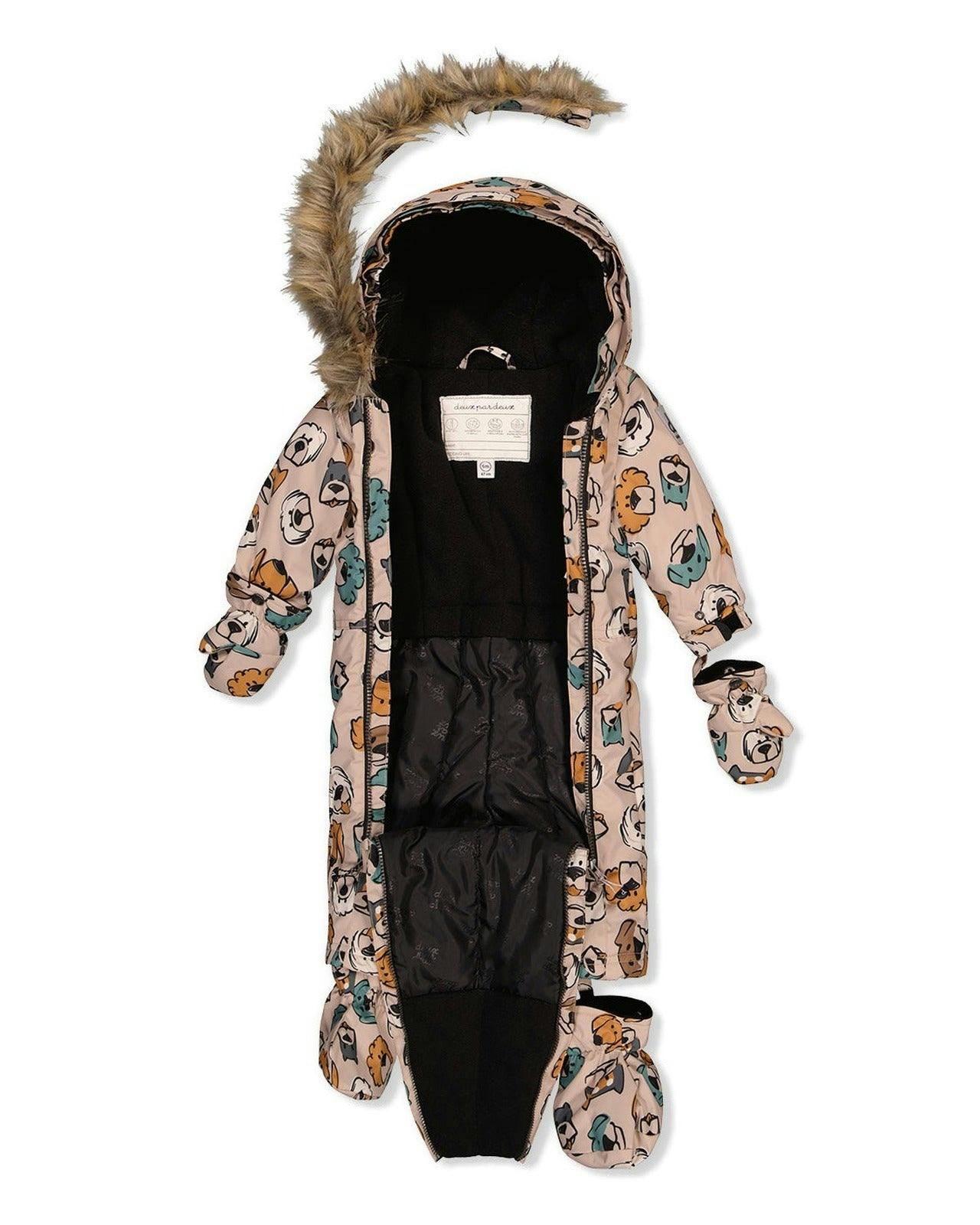 Baby One Piece Snowsuit Adapted For Car Seats Beige Dog Print