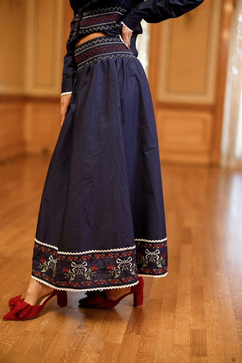 Bluebell Skirt in Sapphire Rosette Embroidery