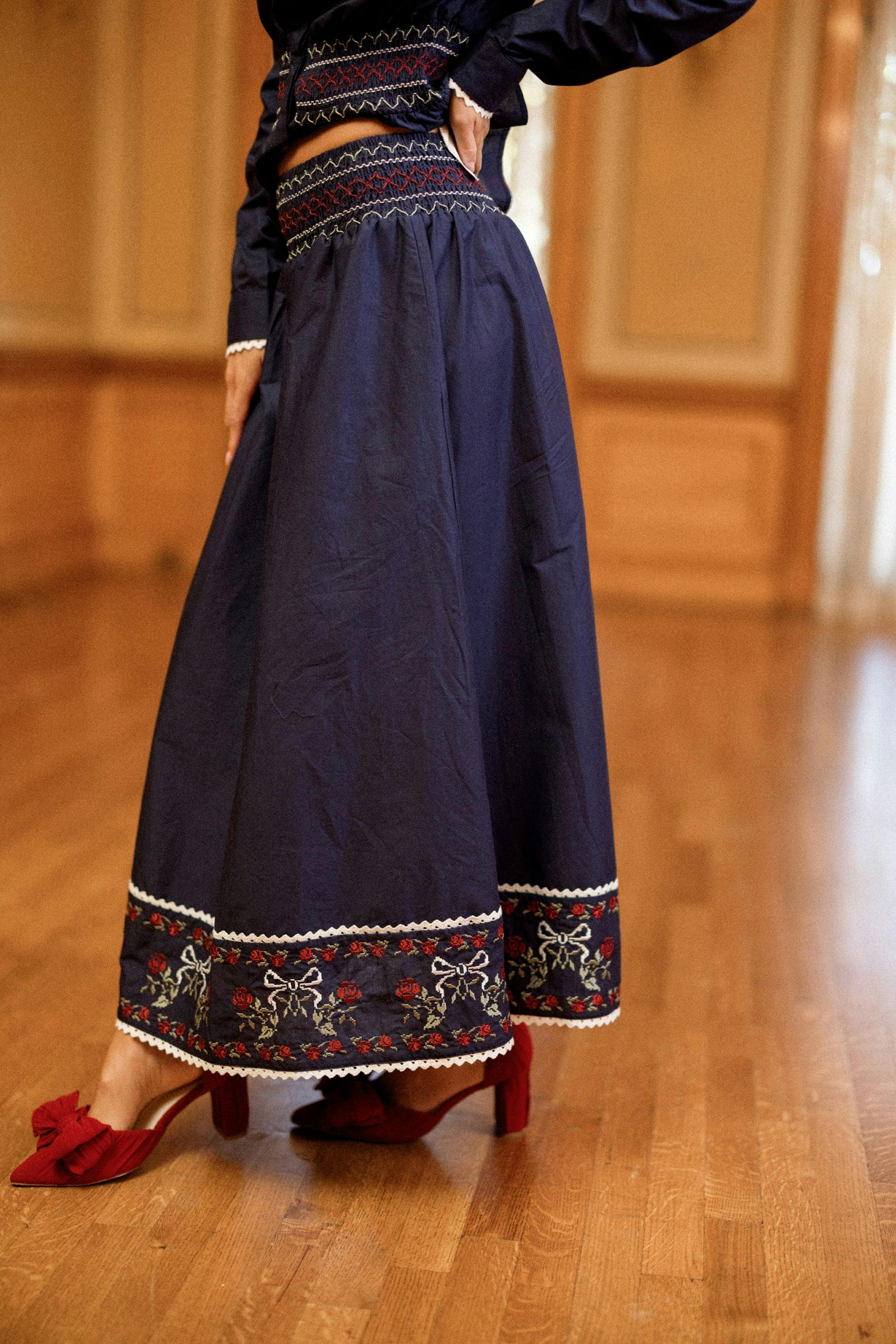 Bluebell Skirt in Sapphire Rosette Embroidery