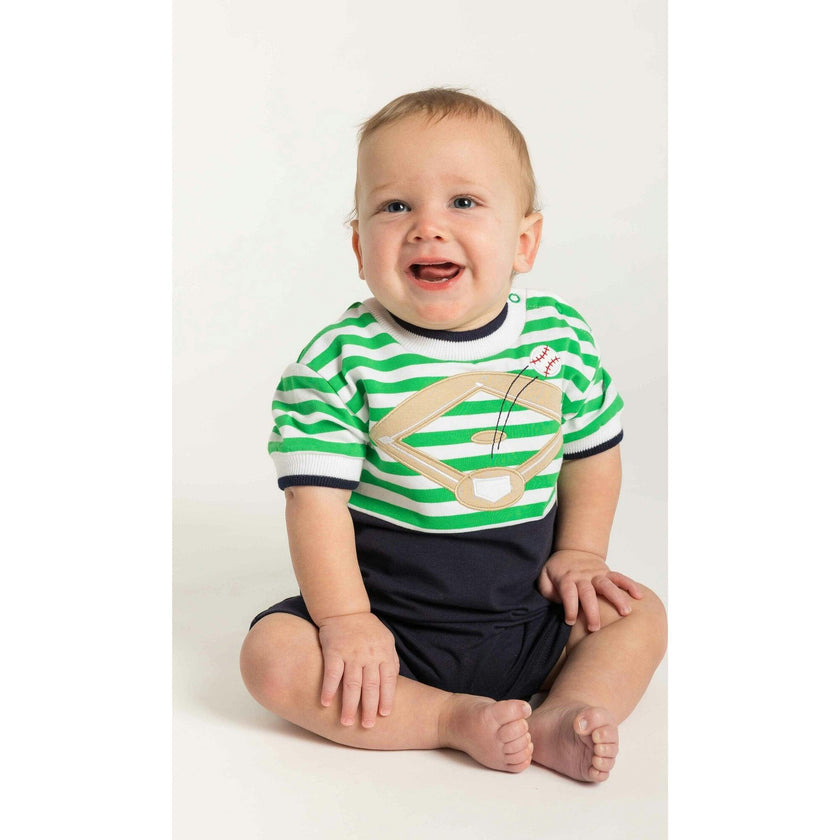 Stripe Knit Shortall With Baseball Field