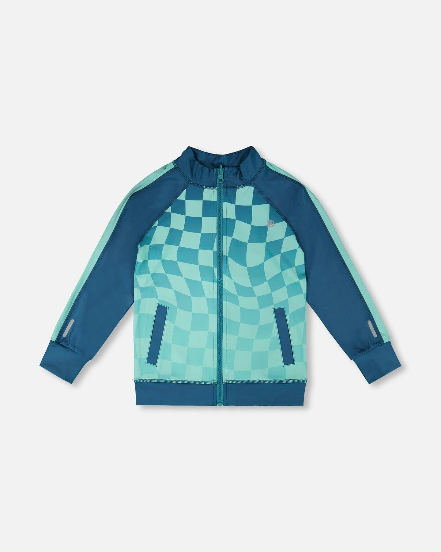 Full Zip Athletic Cardigan In Recycled Polyester Teal Printed Checkerboard