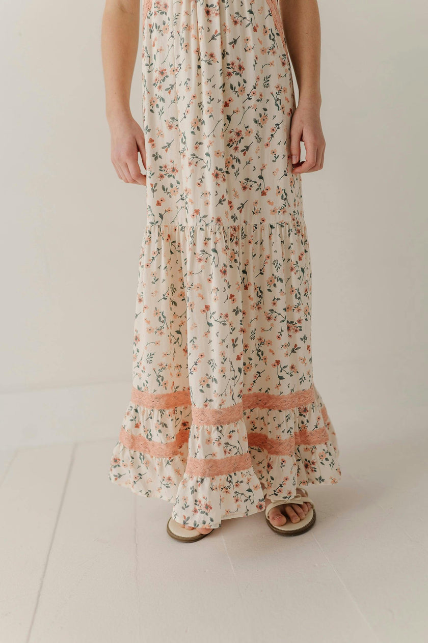 Girls Peasant Ruffle Maxi Dress in Dasha Ditsy in Cream
