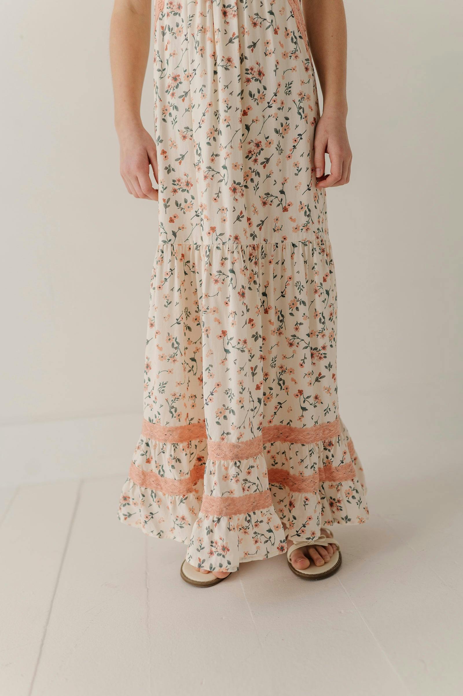 Girls Peasant Ruffle Maxi Dress in Dasha Ditsy in Cream