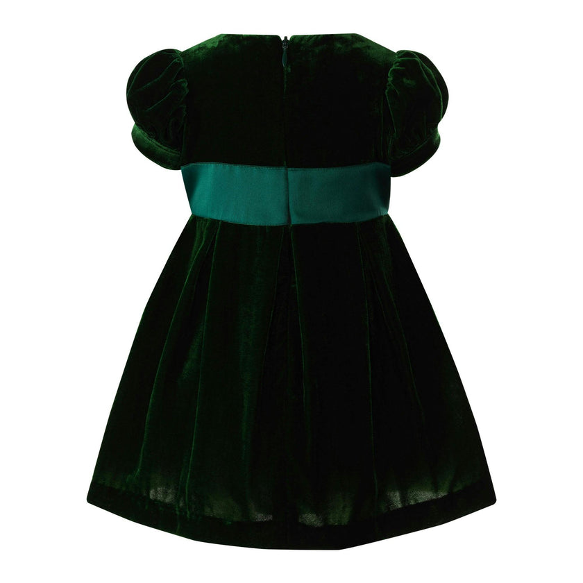 Baby Crushed Velvet Bow Ribbon Tie Short Puff Sleeve Dress