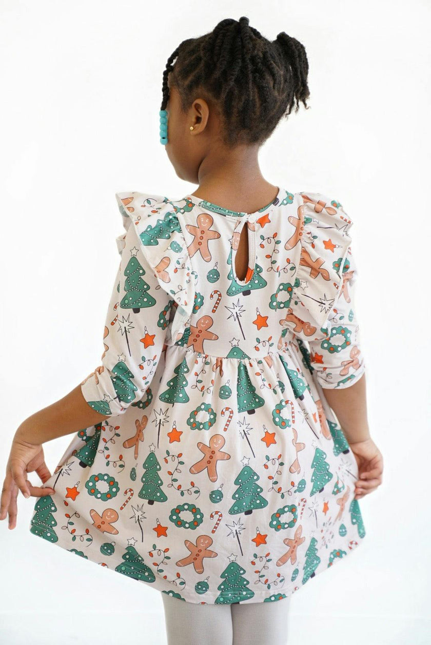 Girl's Holiday Gingerbread Festivities Ruffled Dress