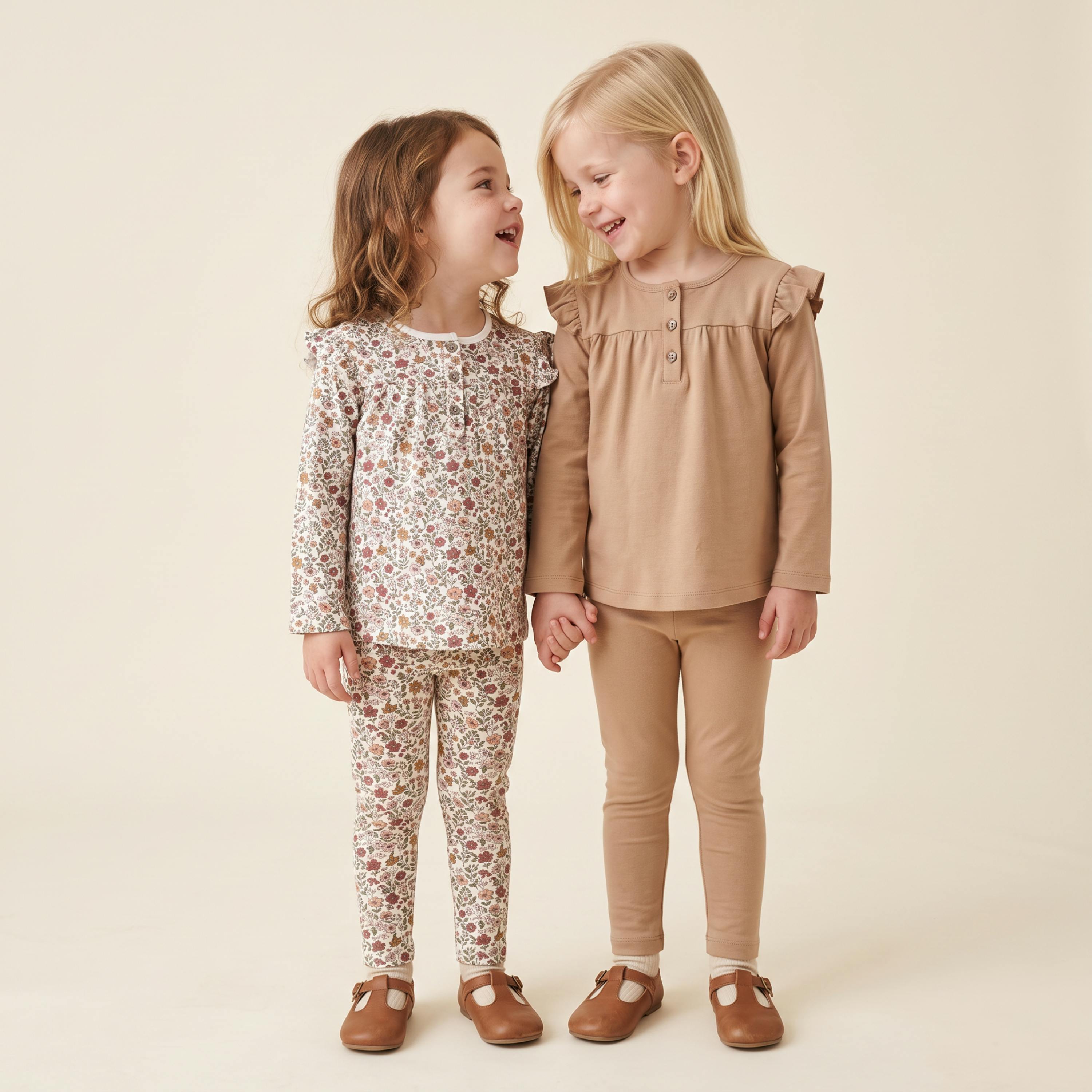Organic Ruffle Sleeve Top Set of 2 - Woodland Sprig + Taupe