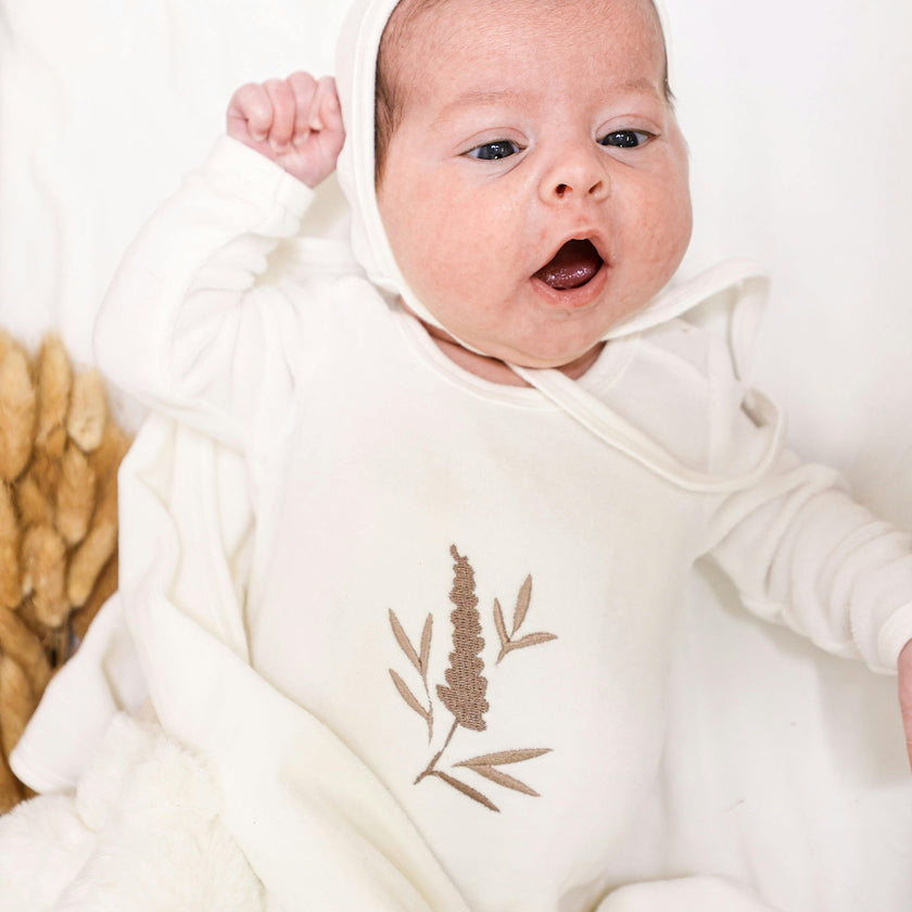 Floral Embroidered Round Neck Long Sleeve Footie