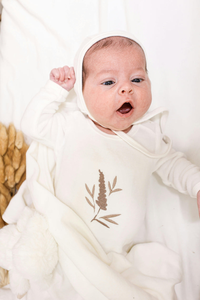 Floral Embroidered Round Neck Long Sleeve Footie