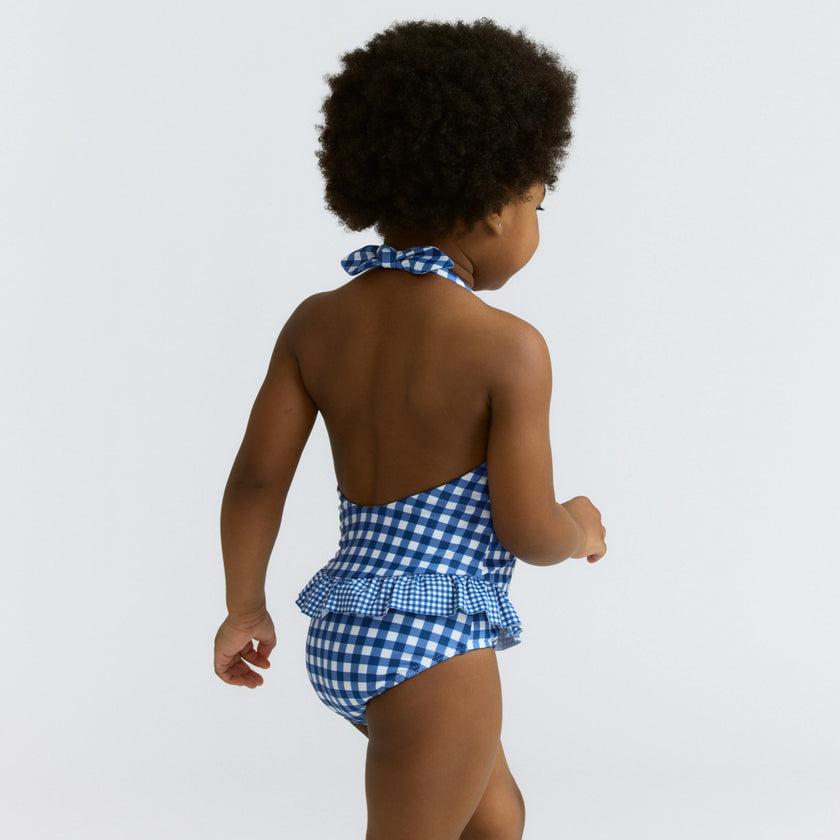 girls navy picnic gingham ruffle halter one piece