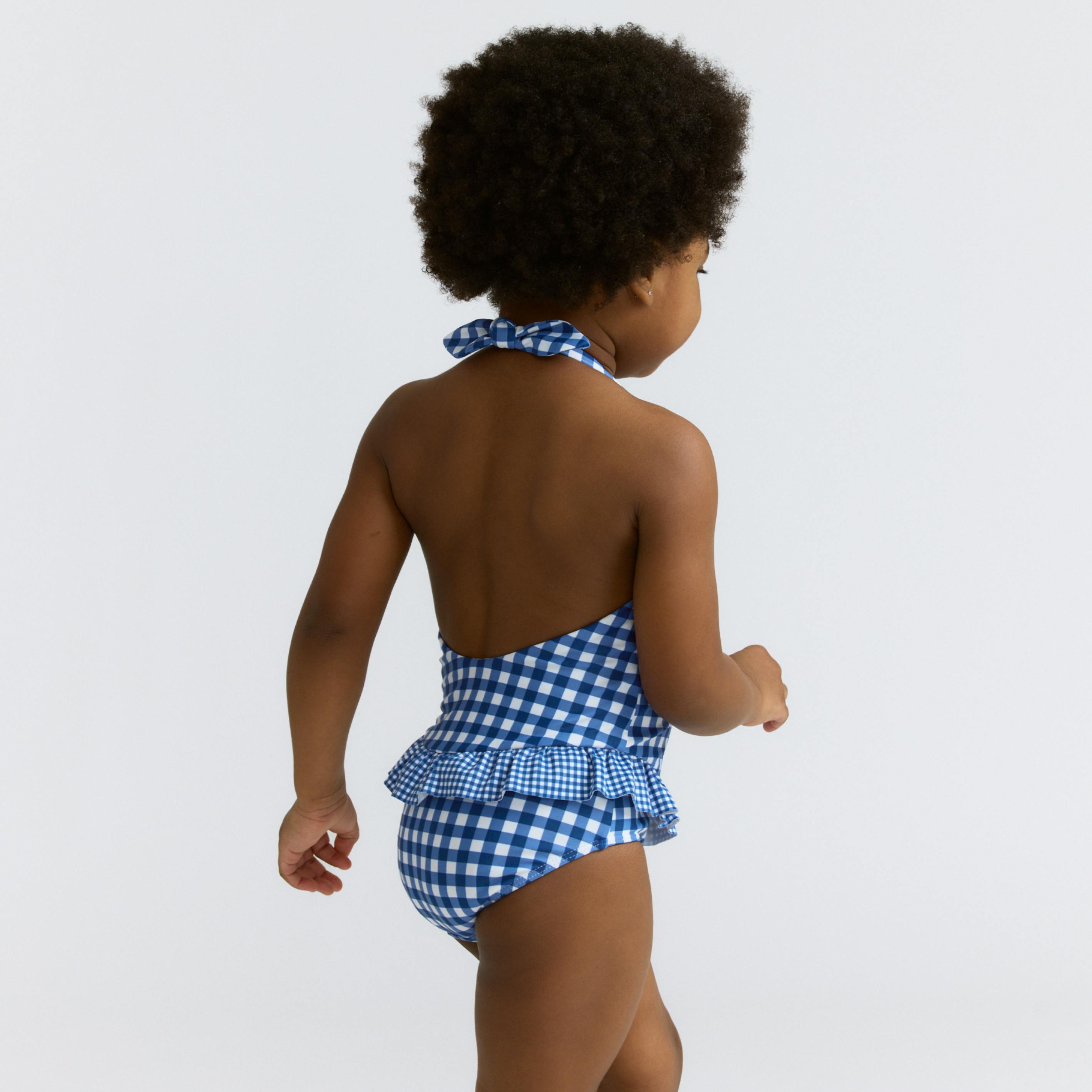girls navy picnic gingham ruffle halter one piece