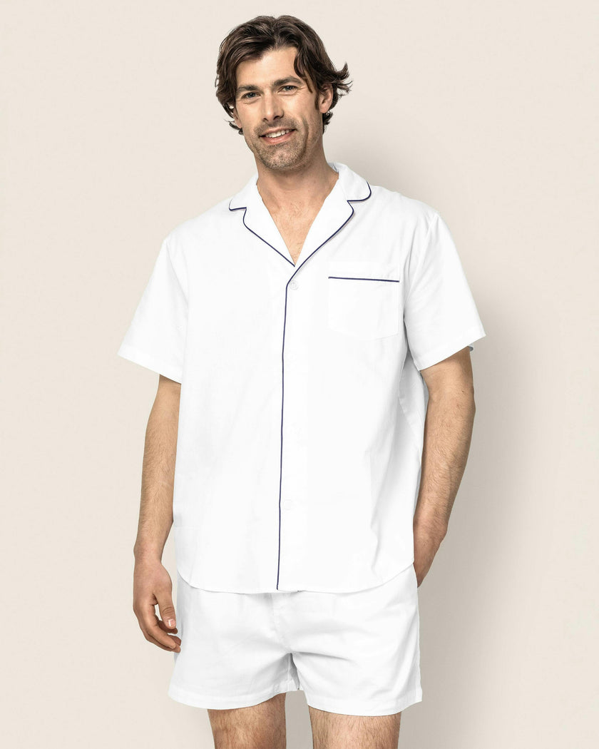 Men's Twill Pajama Short Set in White with Navy Piping