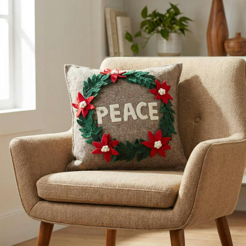 Hand Felted Wool Christmas Pillow - PEACE Wreath Natural Gray - 20"