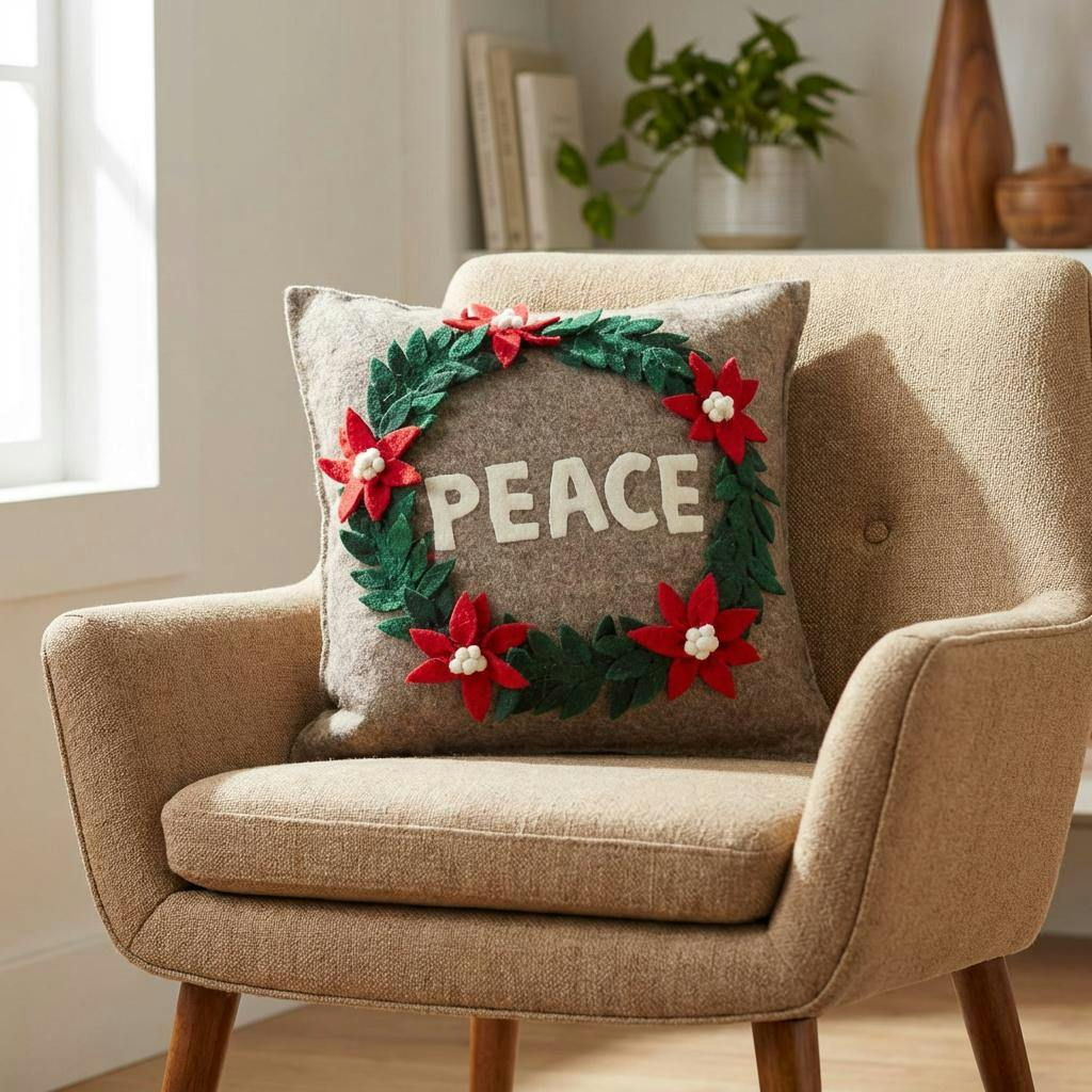 Hand Felted Wool Christmas Pillow - PEACE Wreath Natural Gray - 20