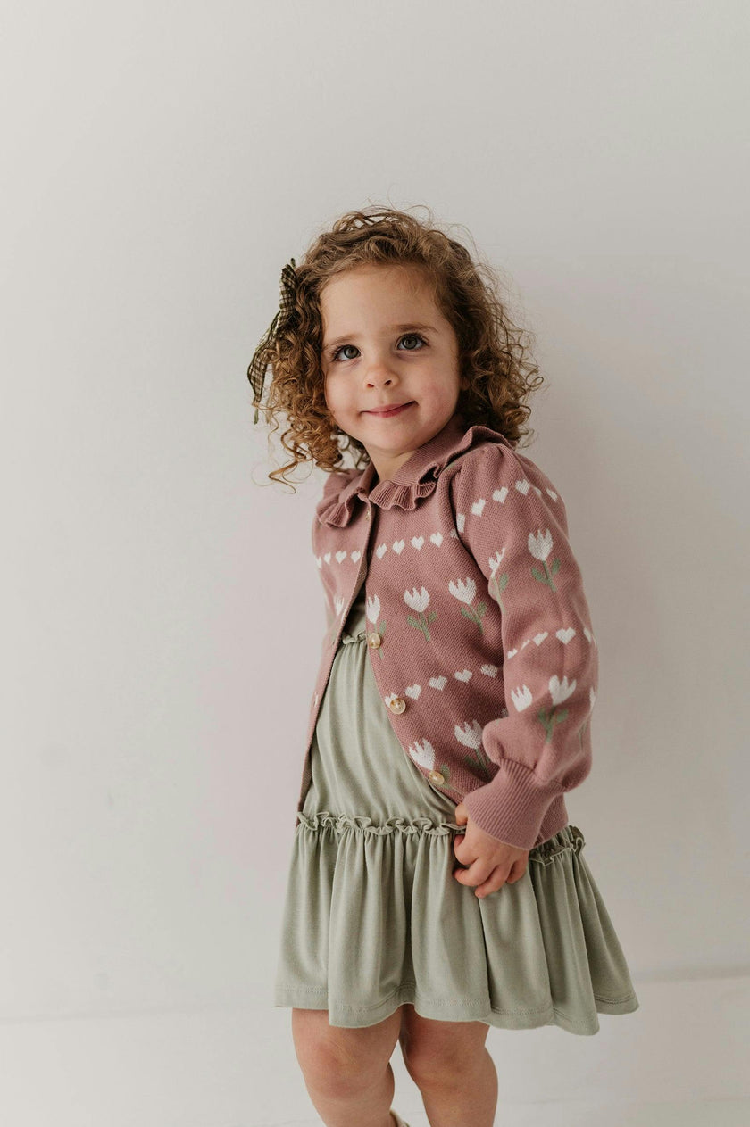 Girls Floral Knit Cardigan in Tulip Heart Intarsia