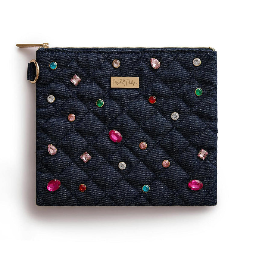 Packed Party Denim and Gems Bejeweled Everything Pouch - Quilted Denim with Multicolor Gemstones and Gold Zipper Pull, Spot Clean, 8.75x7.65 Inch