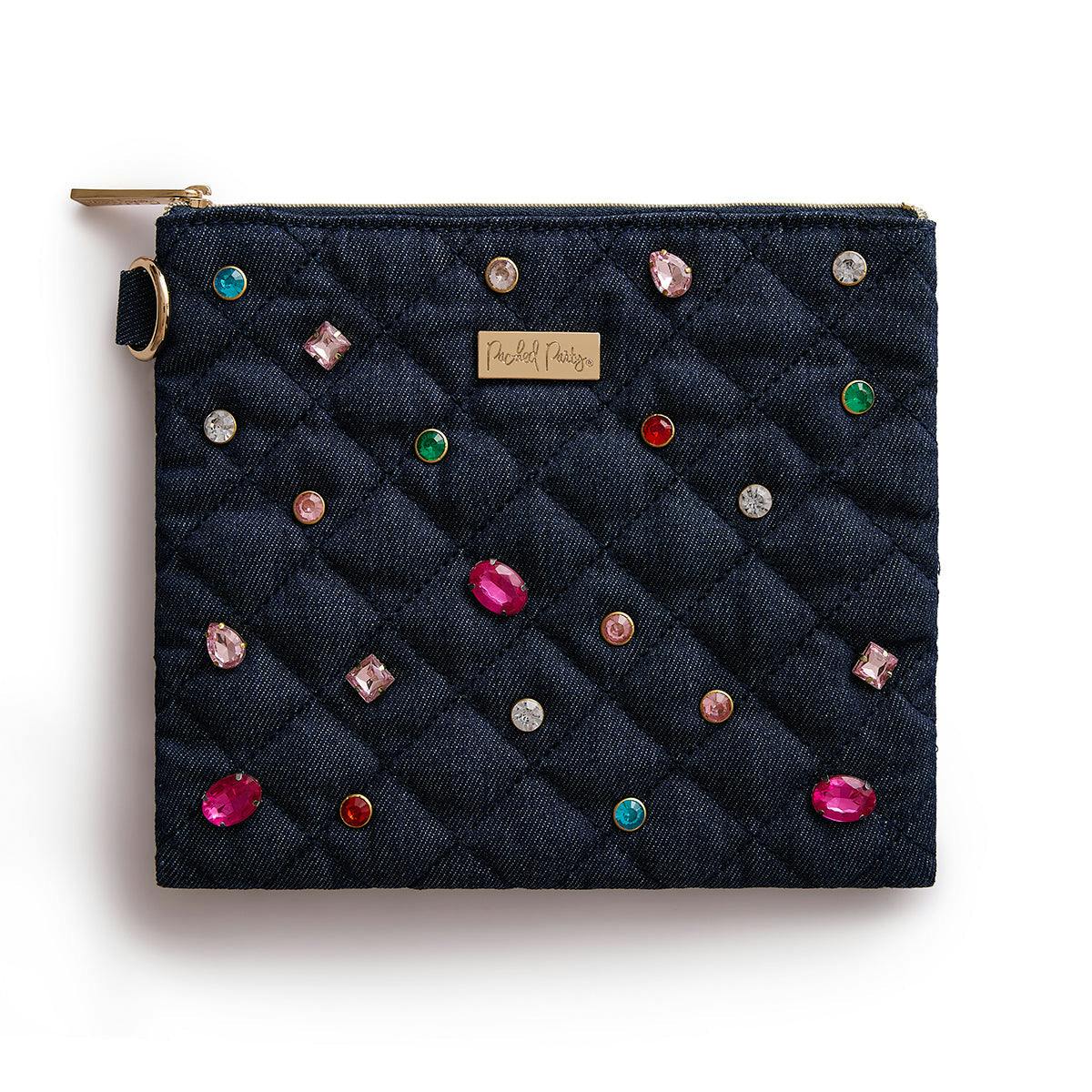 Packed Party Denim and Gems Bejeweled Everything Pouch - Quilted Denim with Multicolor Gemstones and Gold Zipper Pull, Spot Clean, 8.75x7.65 Inch