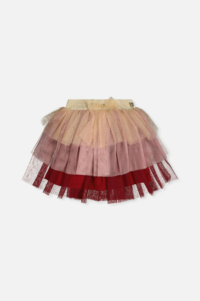 Multi Layer Glittering Mesh Skirt Red, Pink And Beige