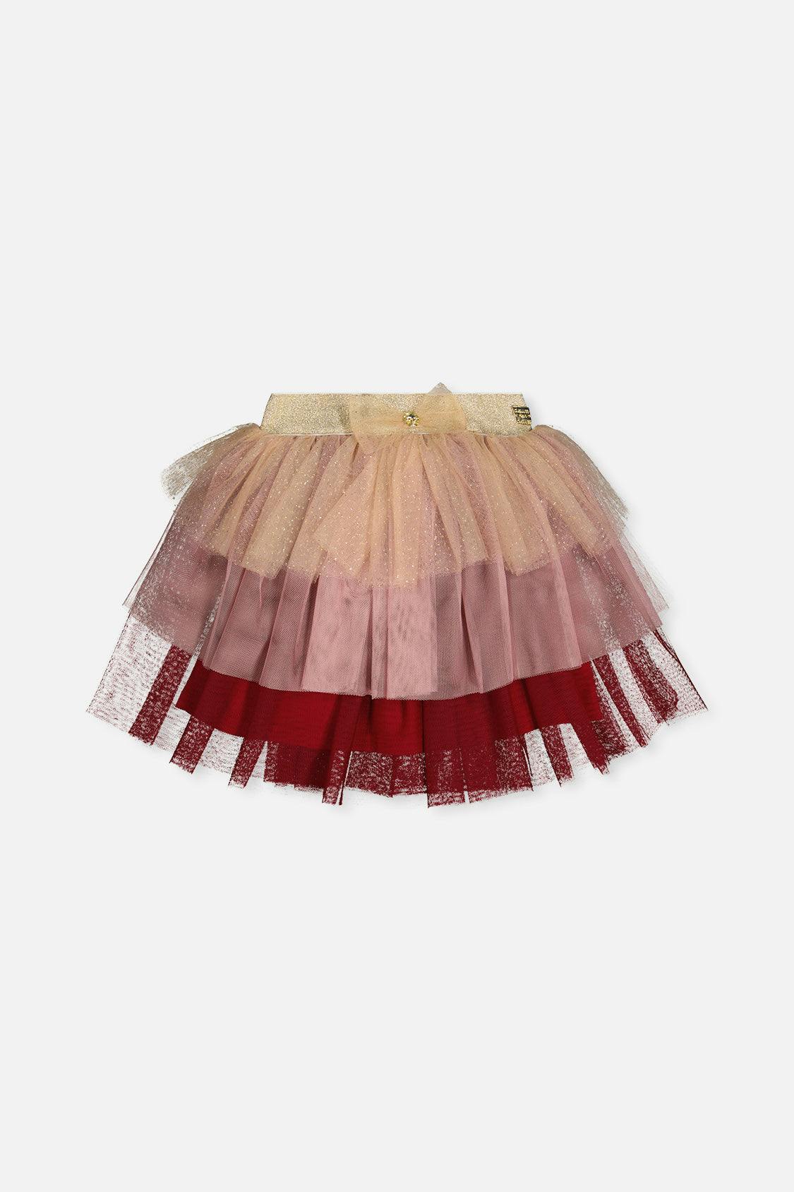 Multi Layer Glittering Mesh Skirt Red, Pink And Beige