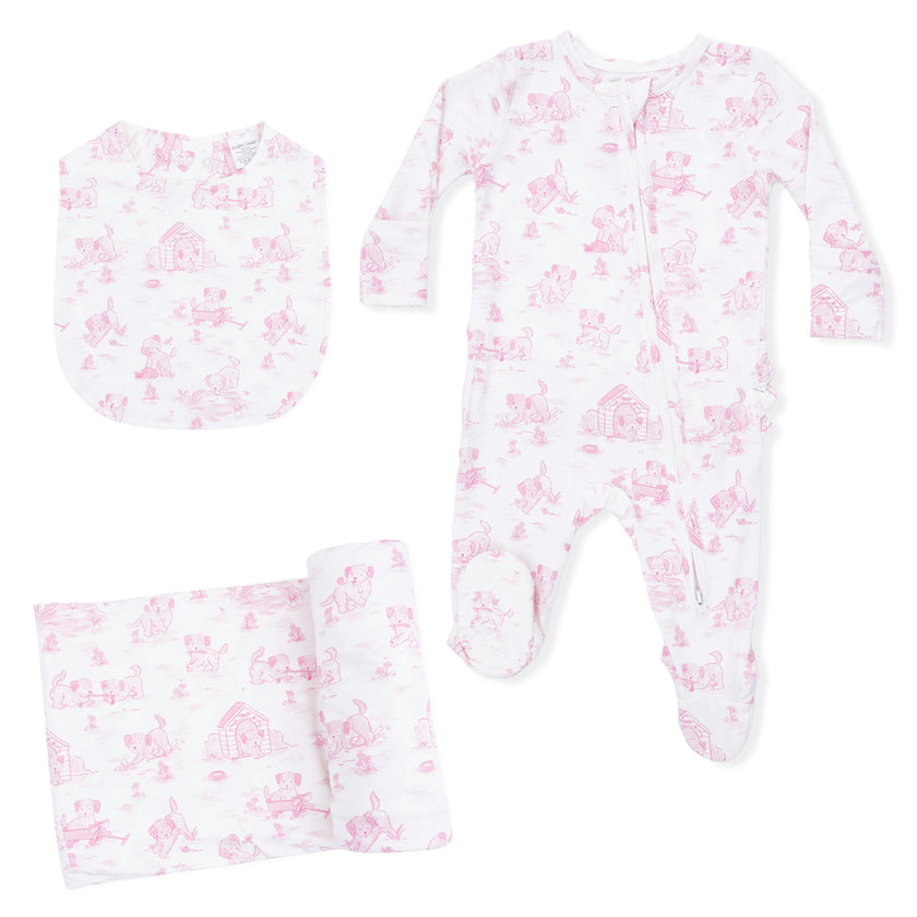 Puppy Toile Pink - 2 Way Ruffle Back Zipper Footie with Bandana Bib, and Swaddle Blanket Set