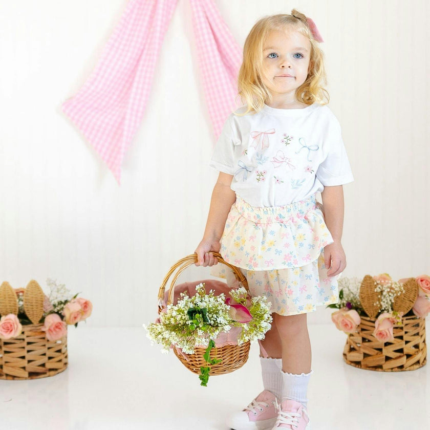 Floral & Bow Watercolor Short Sleeve T-Shirt - White