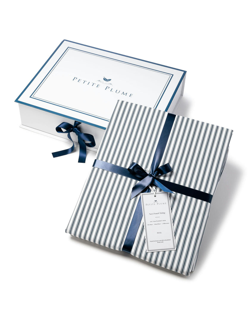 Luxe Premium Percale Bed Sheets in Navy French Ticking
