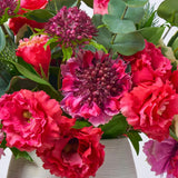 Real Touch Fuchsia Scabiosa, Lisianthus & Thistle Spring Arrangement in Horizontal Groove Cement Vase