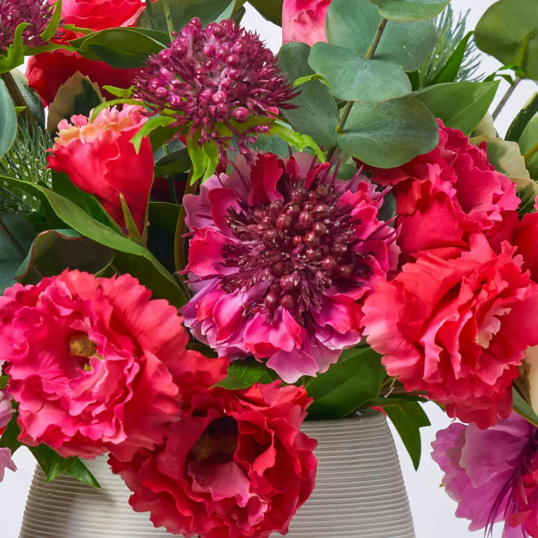 Real Touch Fuchsia Scabiosa, Lisianthus & Thistle Spring Arrangement in Horizontal Groove Cement Vase