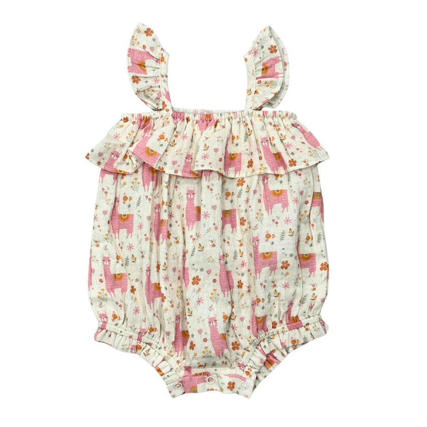 Baby Girl Gauze Bubble Romper in Llamas