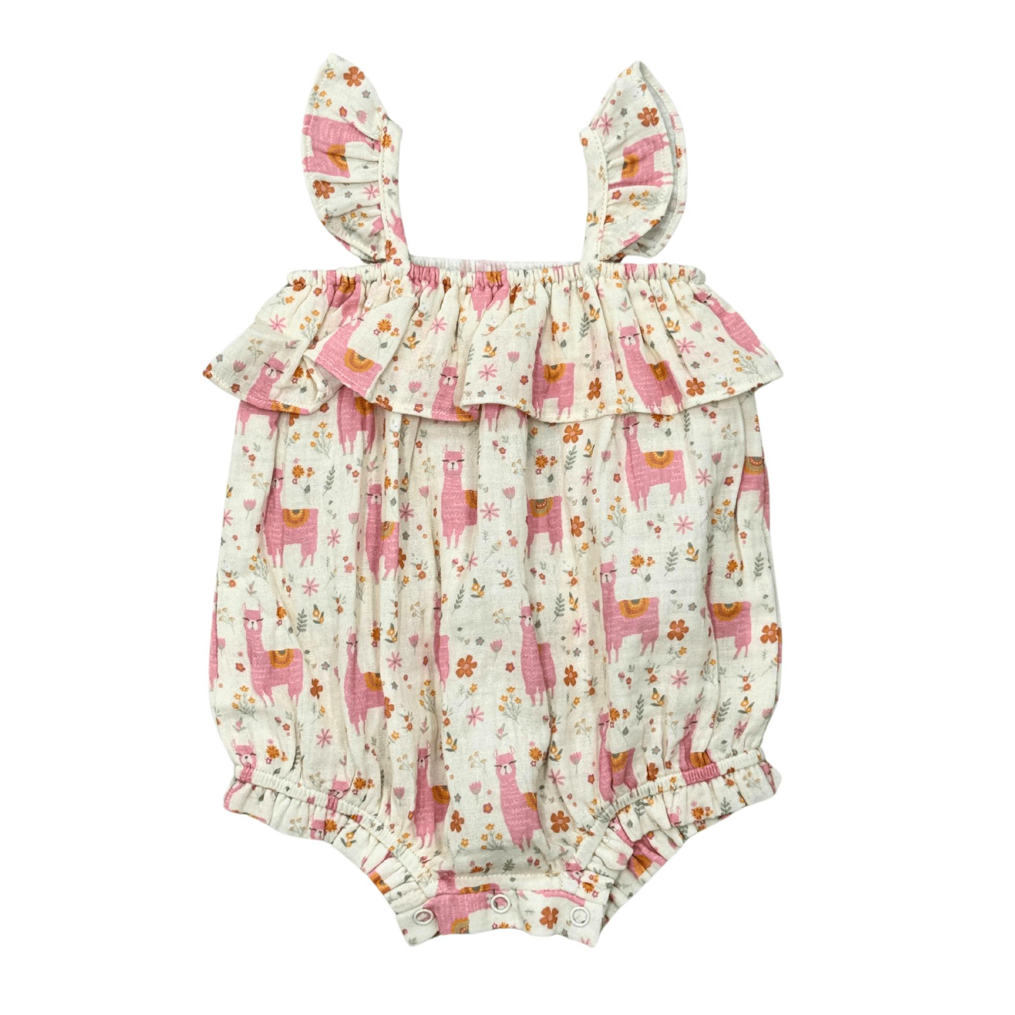 Baby Girl Gauze Bubble Romper in Llamas