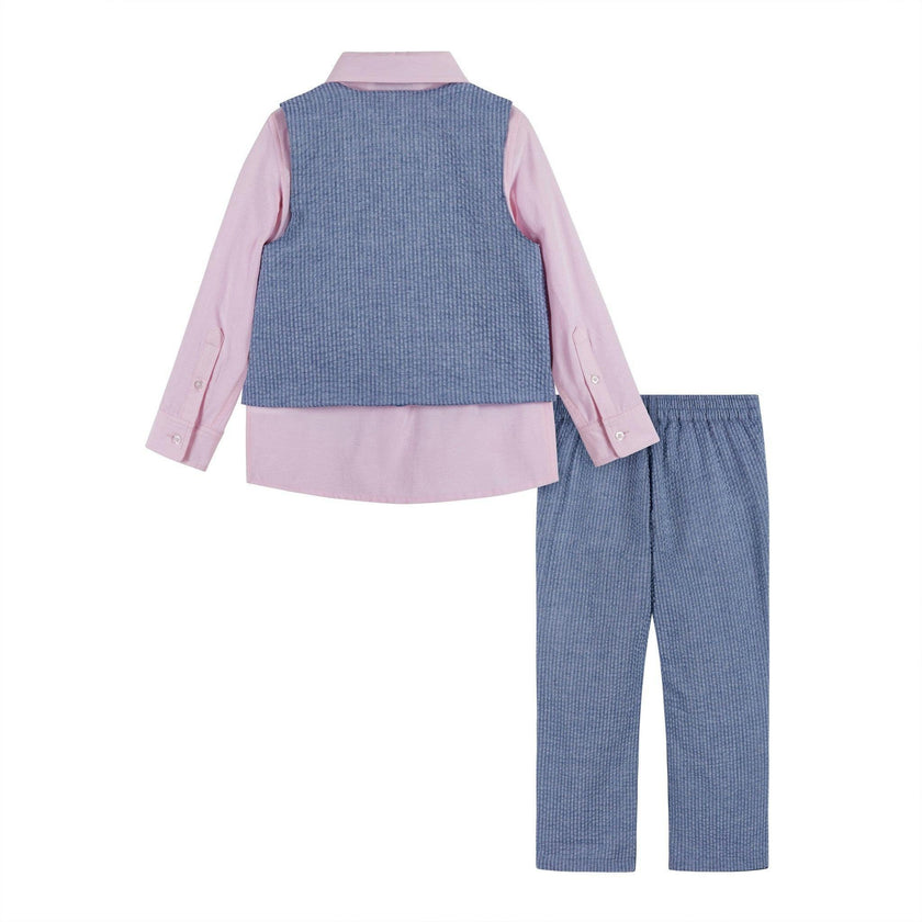 Boys (2-3) Seersucker Vest Suit Set | Blue & Pink