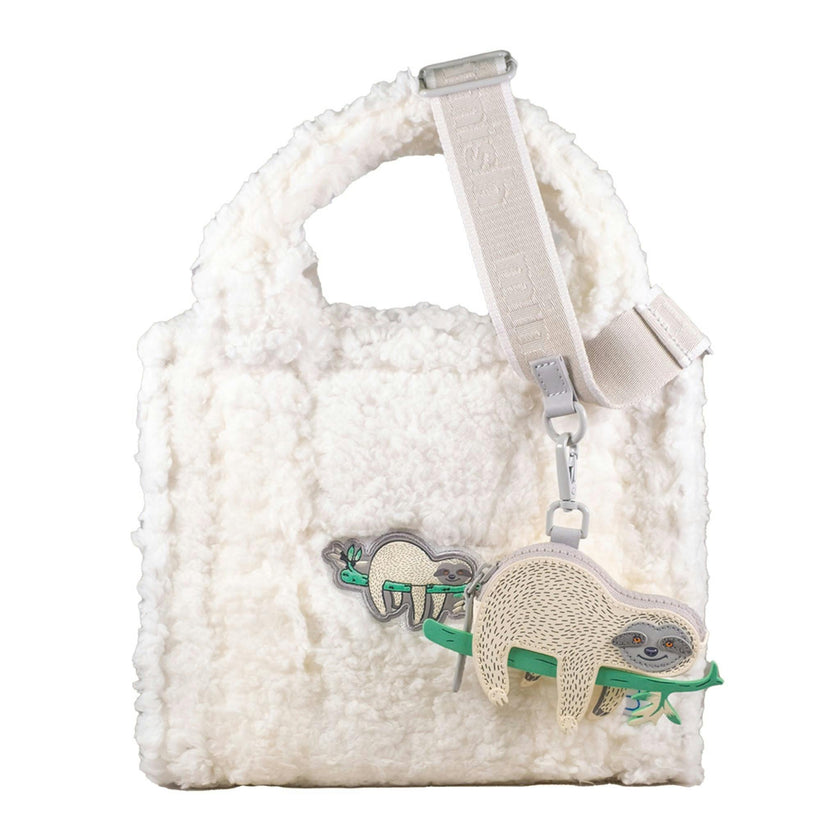 Sherpa Tote Bag – Cozy, Colorful & Convertible with Matching Coin Purse, Lounging Sloth