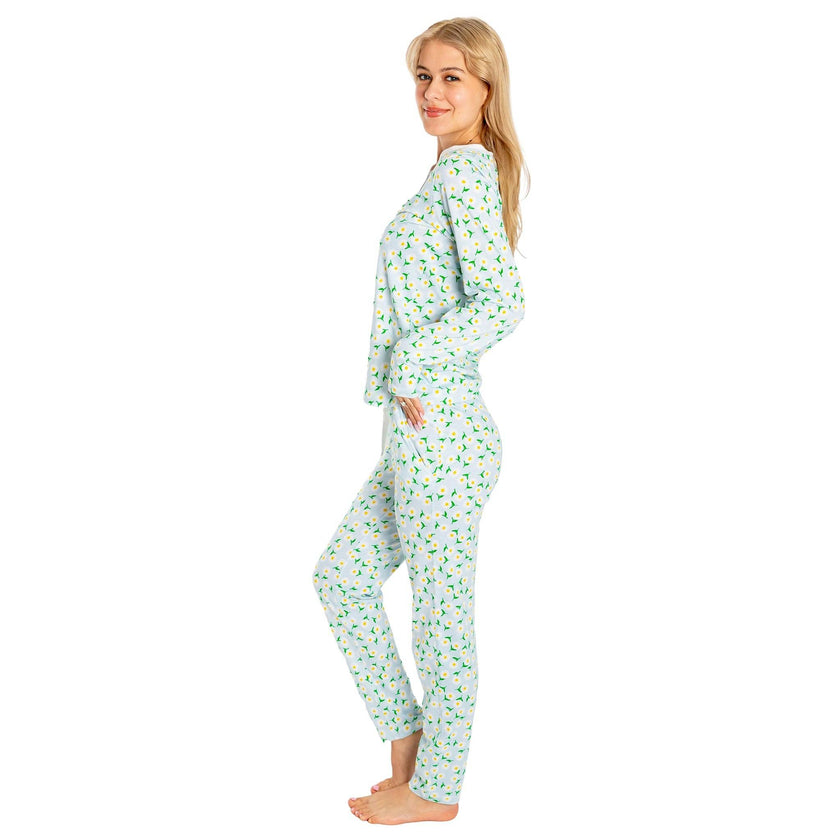 Women's Daisy Jersey Long PJ Set - Blue Organic Stretch Cotton
