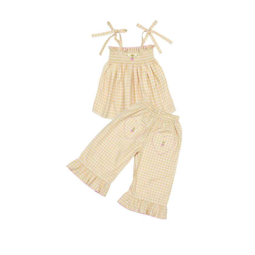 Ruffle Pant Set in Yellow Gingham/Strawberry