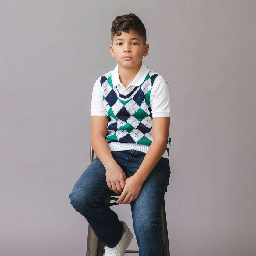 Organic V-Neck Argyle Sweater Vest, Blue