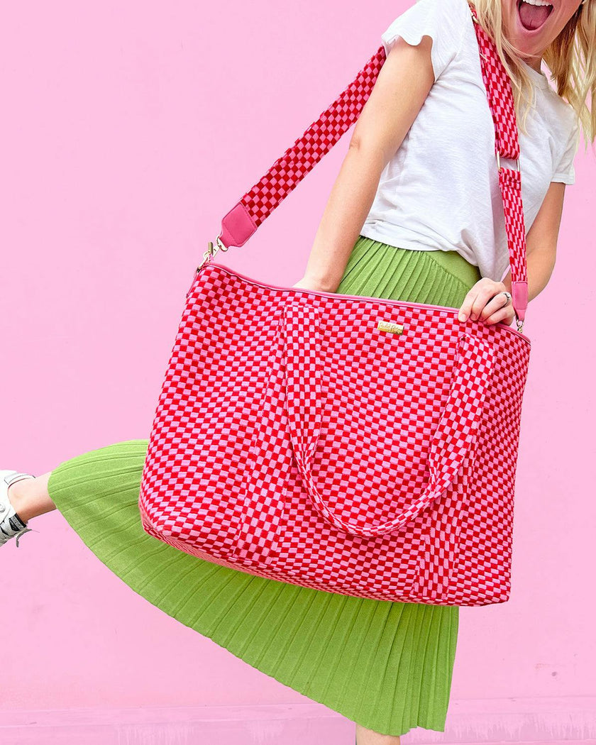 Packed Party Holiday Pink Checkered Oversized Weekender Duffel Bag – Woven Polyester with Gold Hardware, Adjustable Strap, and Lined Interior, 20.5x16x8 Inch