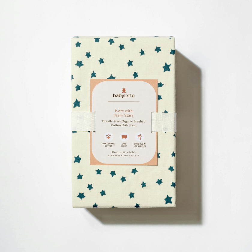Crib Sheet in GOTS Certified Organic Brushed Cotton in Ivory with Navy Stars