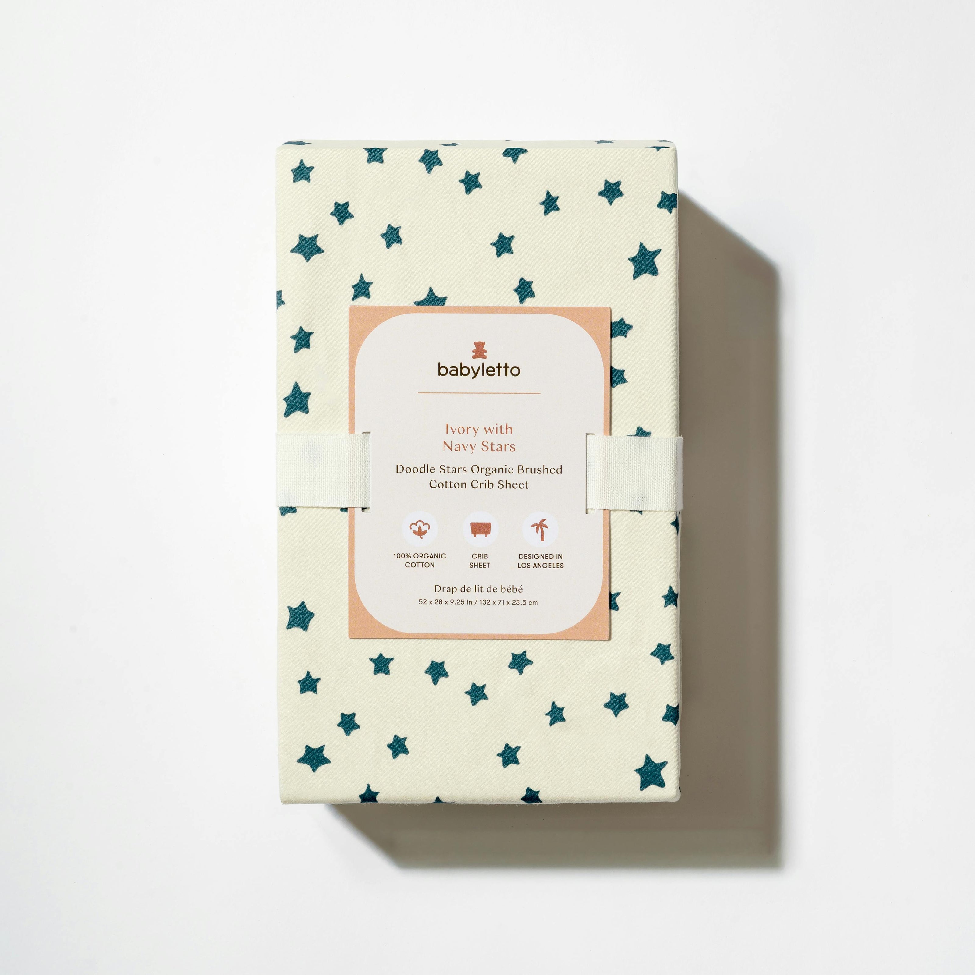 Crib Sheet in GOTS Certified Organic Brushed Cotton in Ivory with Navy Stars