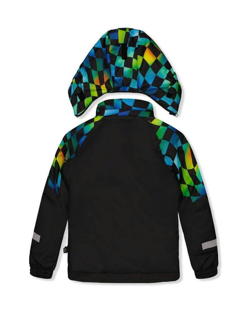 Two Piece Play Snowsuit Black Colorblock With Green Yellow And Blue Checkerboard Pants
