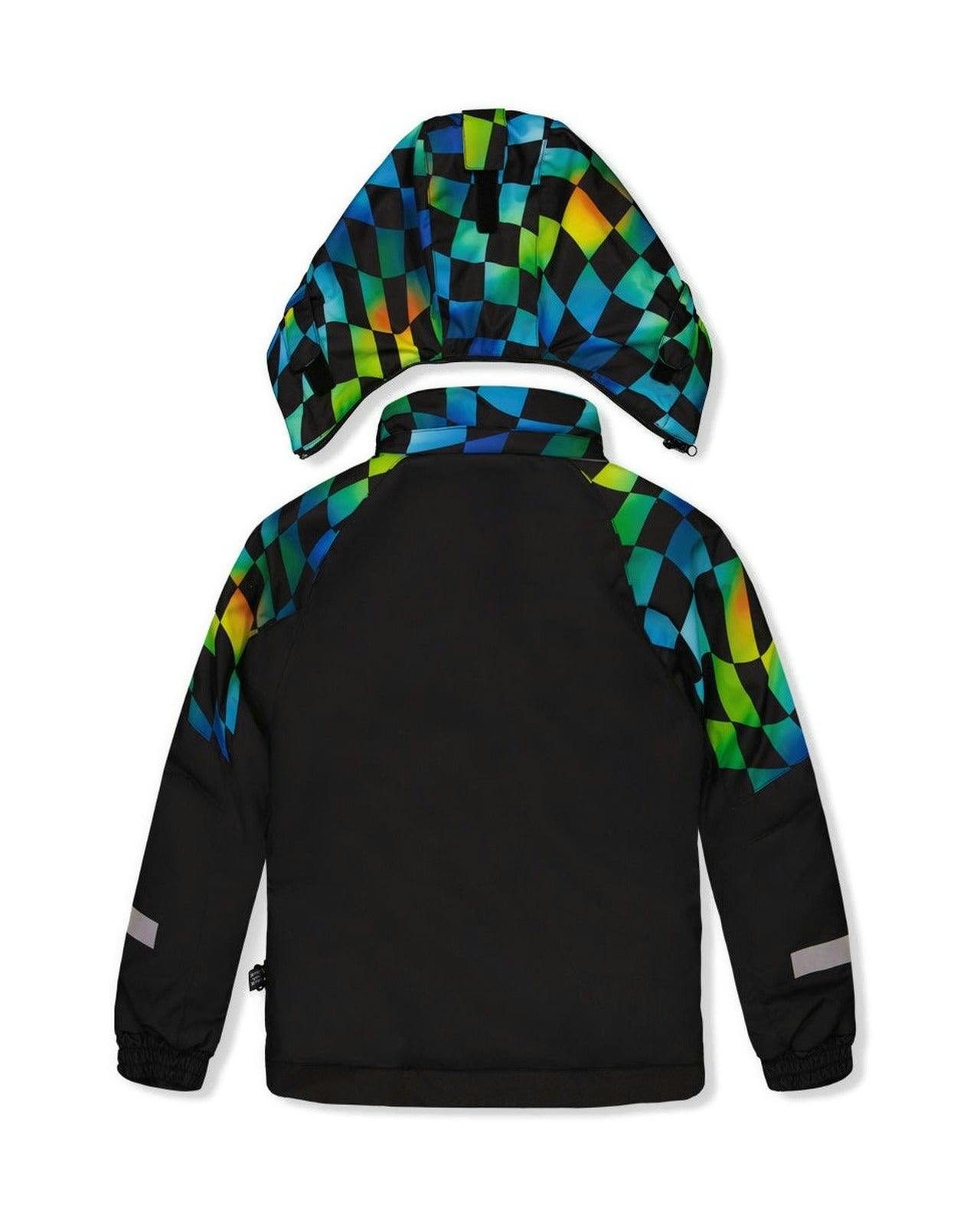 Two Piece Play Snowsuit Black Colorblock With Green Yellow And Blue Checkerboard Pants
