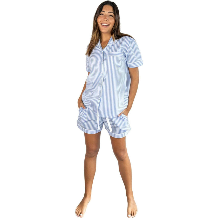 Women's Braddock Classic Short PJ Set - Blue Stripe Organic Cotton Poplin