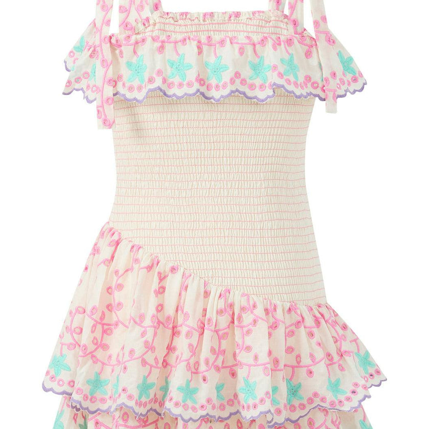 Alanna Shirred Embroidered Mini Dress