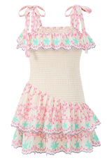 Alanna Shirred Embroidered Mini Dress