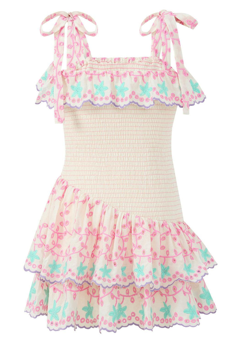 Alanna Shirred Embroidered Mini Dress
