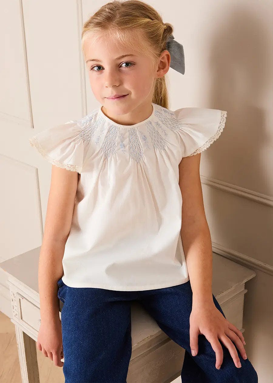 Butterfly Embroidered Lace Detail Cap Sleeve Blouse in White (18mths-10yrs)