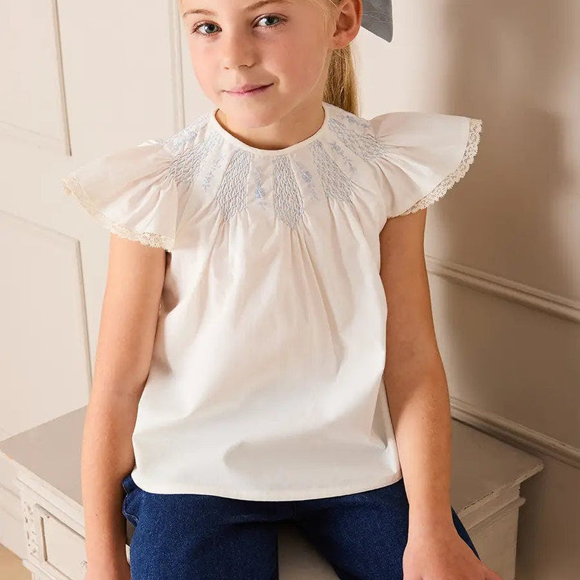 Butterfly Embroidered Lace Detail Cap Sleeve Blouse in White (18mths-10yrs)