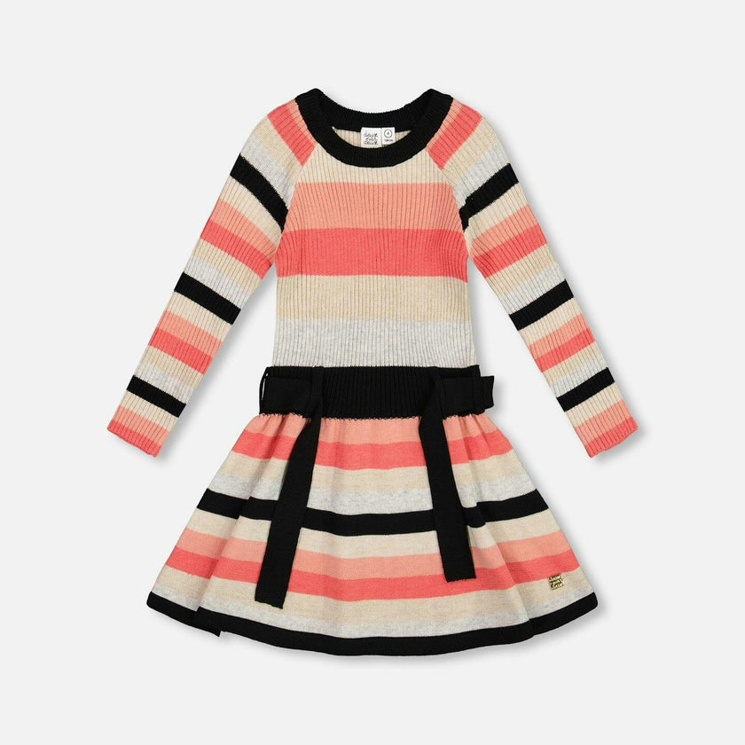 Striped Knit Dress Beige Black and Pink