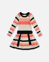 Striped Knit Dress Beige Black and Pink