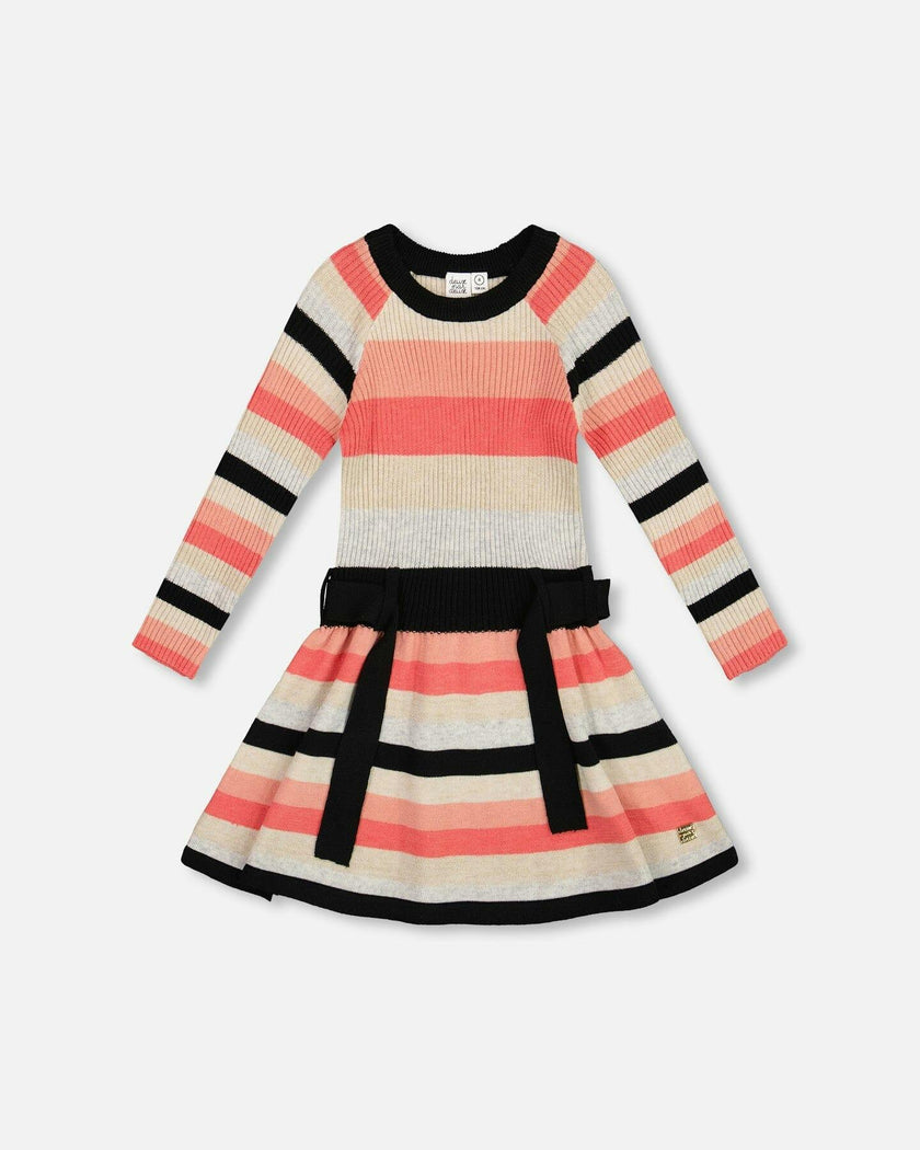 Striped Knit Dress Beige Black and Pink